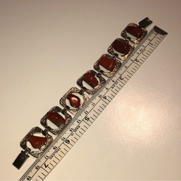 VTG Red Jasper Stone Textures Silver Tone Rounded Square Link Bracelet 7” - Picture 4 of 4